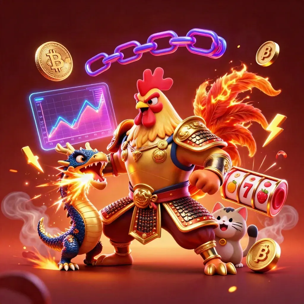Samurai rooster, spark-breathing dragon hatchling and fortune cat amid neon casino effects