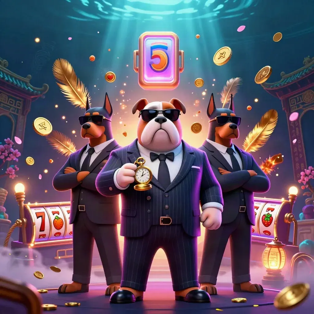Bulldog mob boss with two Doberman guards amid casino loot, reels, and temple glow