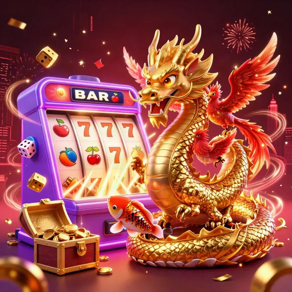 Golden dragon with phoenix, koi, dice and slot burst in neon casino key art