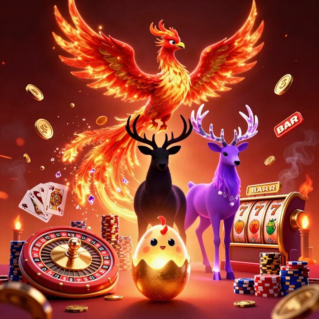 Phoenix, baby phoenix, stag, coins, roulette wheel, cards and chips in neon casino firelight
