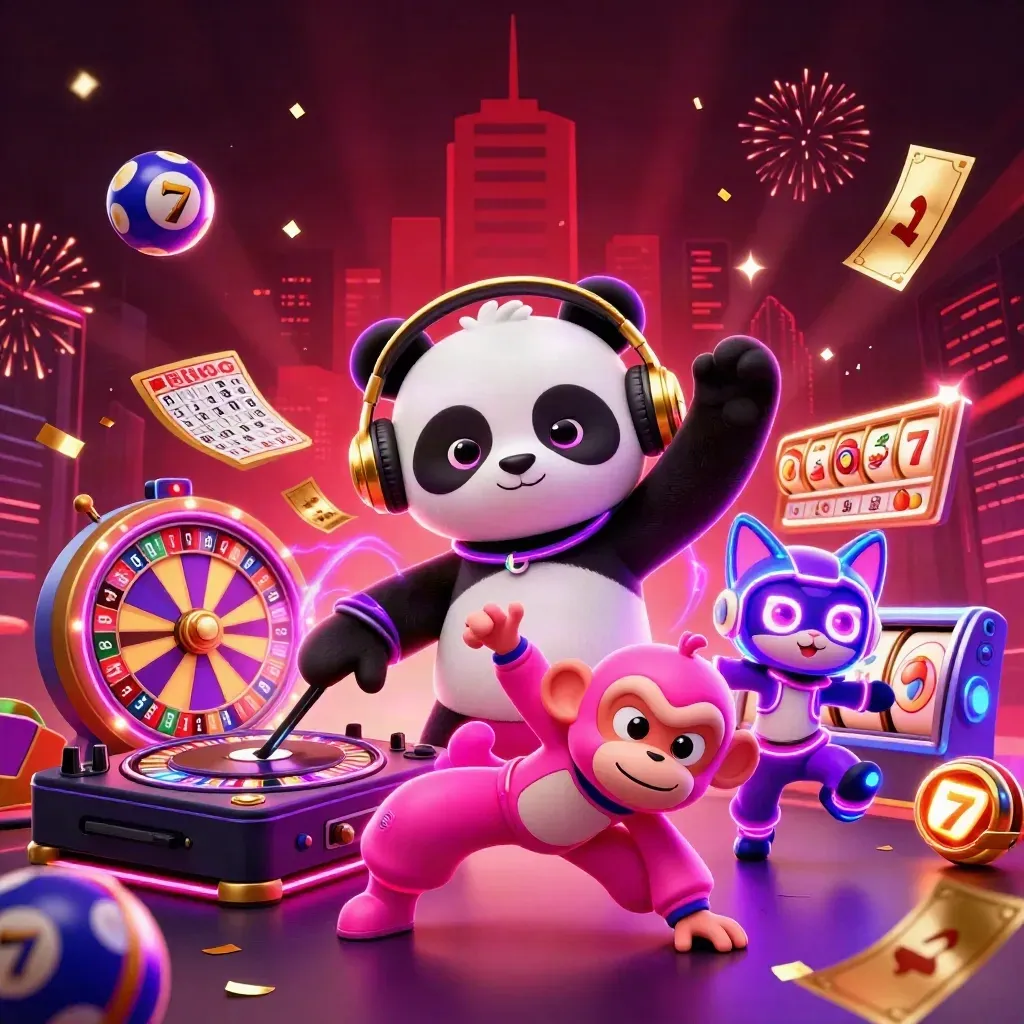 DJ panda, dancing monkey, and glow-stick kitten in a neon casino rave explosion