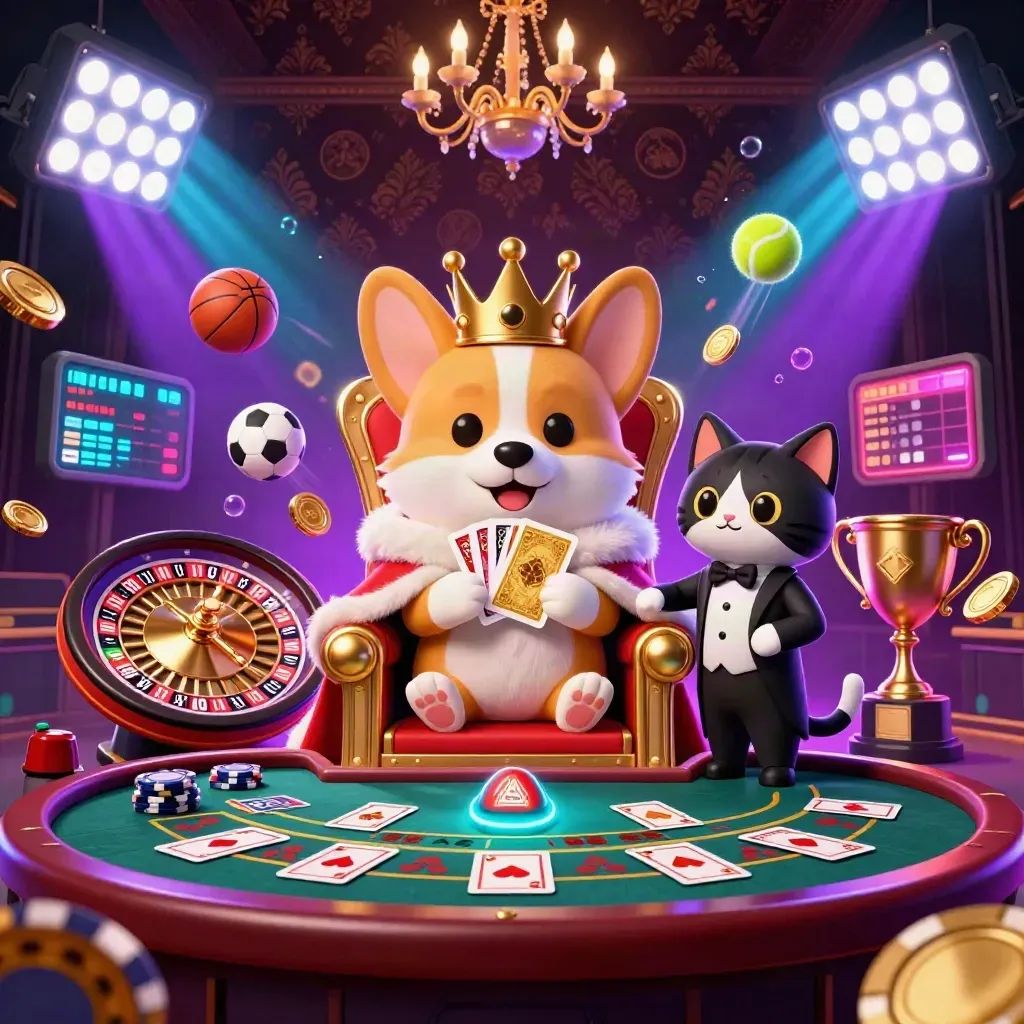 Royal corgi and cat butler amid casino chips, roulette, coins, and neon lights.