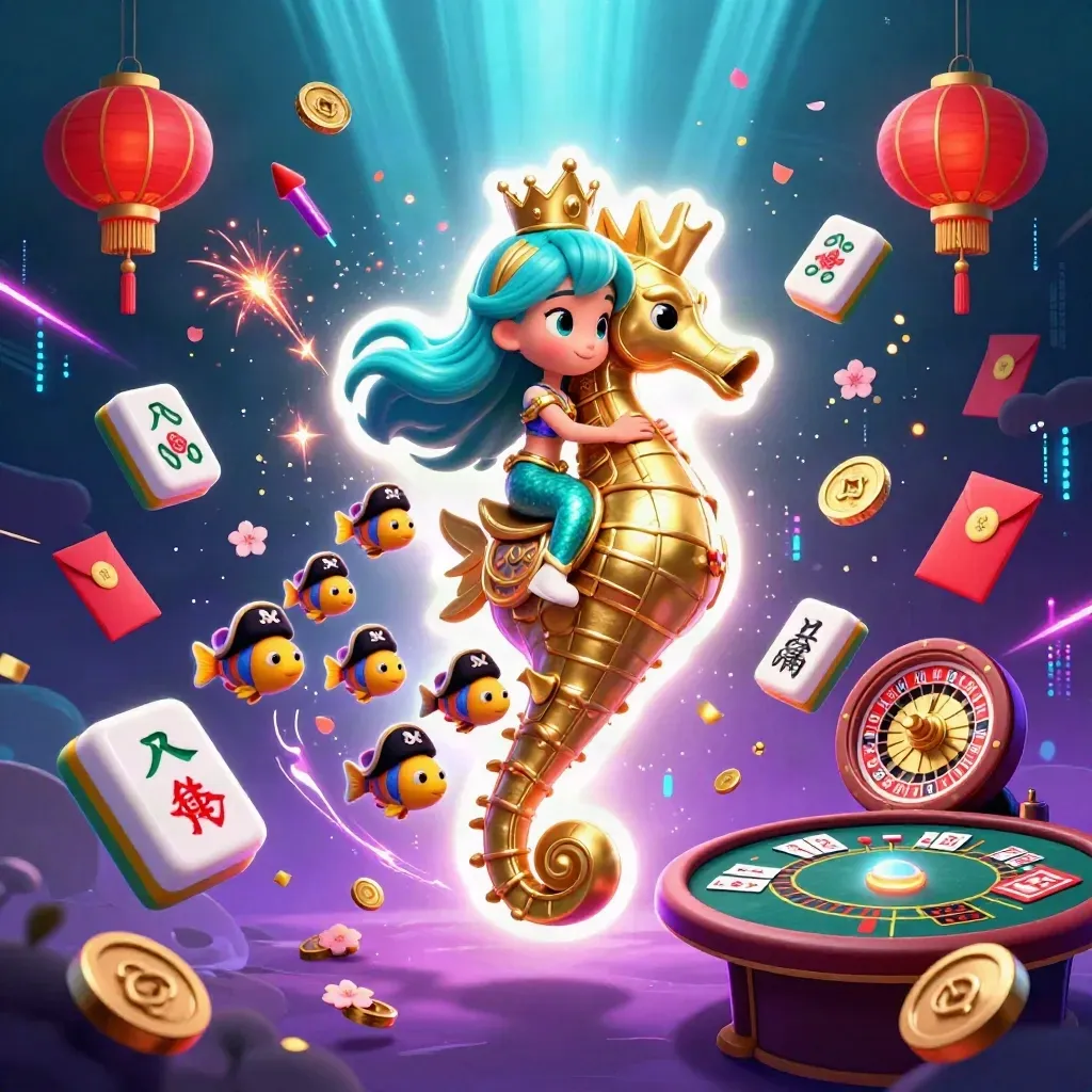 Mermaid princess on a golden seahorse amid casino coins, cards, lanterns and neon underwater sparks