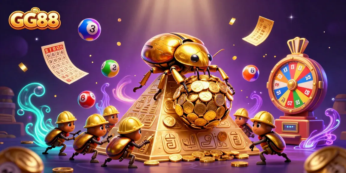 Experience GG88's gambling excitement with a 3D beetle rolling coin jackpots in a vibrant casino scene.