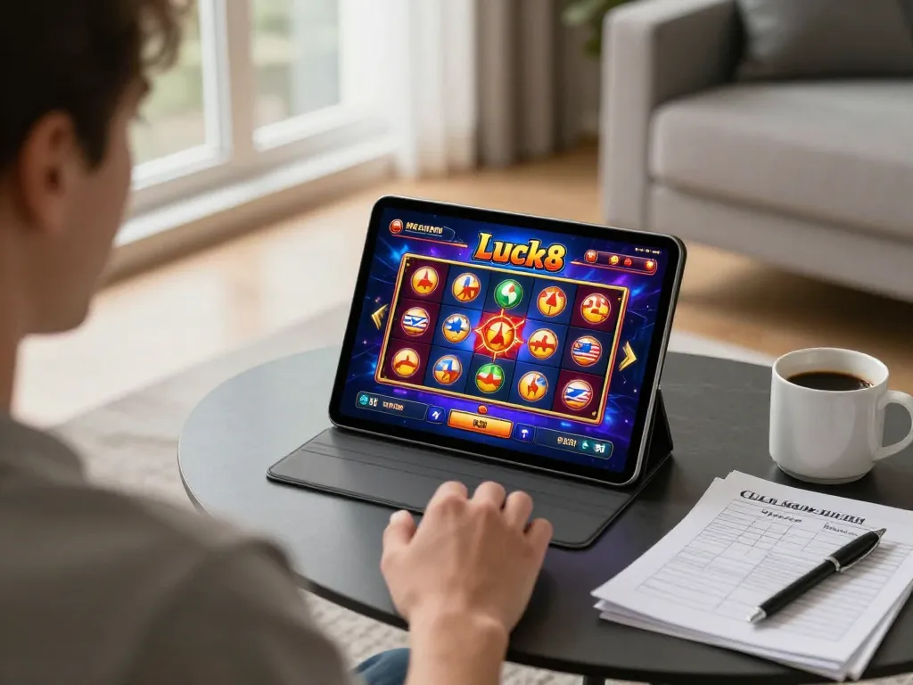 Playing exciting slots on the Luck8 app in a cozy home environment, enjoying engaging online gaming.