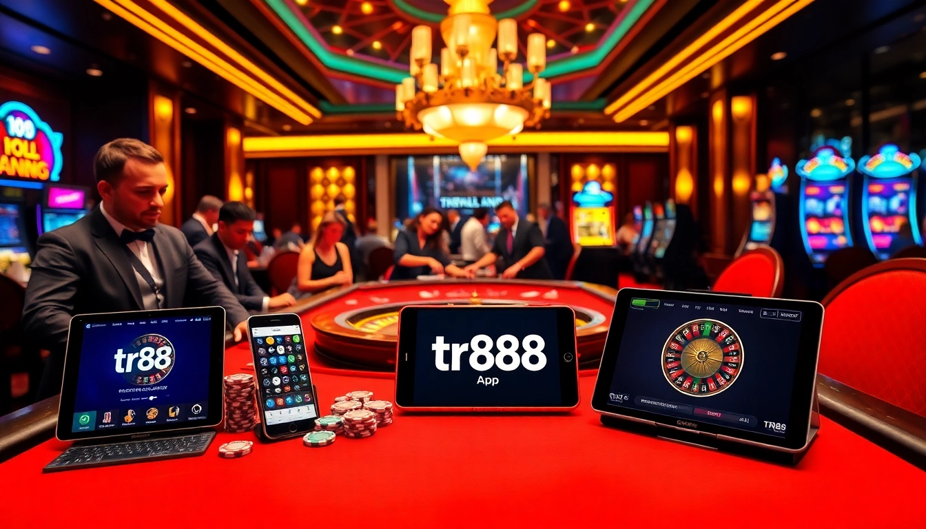 Excited players engaging with the tr88 app in a luxurious casino setting with vibrant tables.