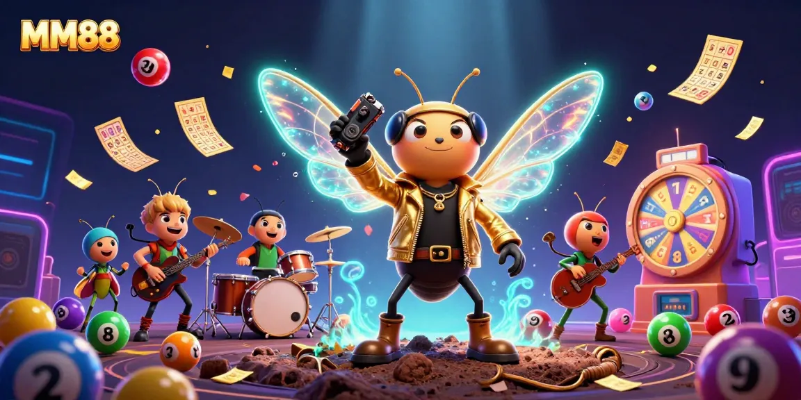 MM88 casino scene featuring a rock star cicada, vibrant lottery elements, and dynamic game visuals.