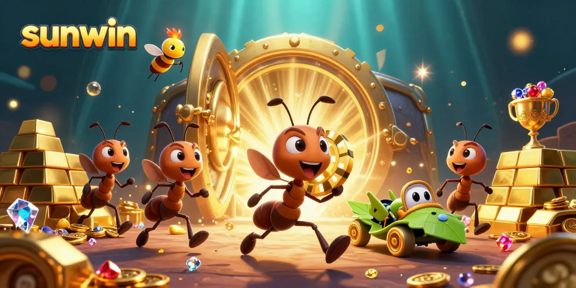 Ants heist successfully collecting sunwin poker chips in a vibrant casino-themed scene.