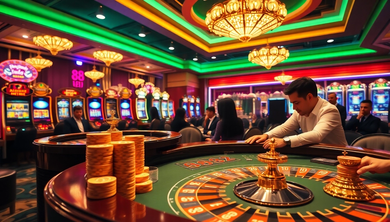 Players engage in a high-stakes poker game at 88I's luxurious casino, showcasing excitement and glamour.