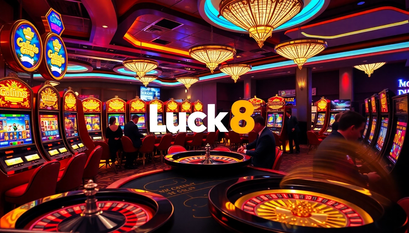 Engaging scene at a luxurious casino highlighting Link Luck8 with players and vibrant slot machines.