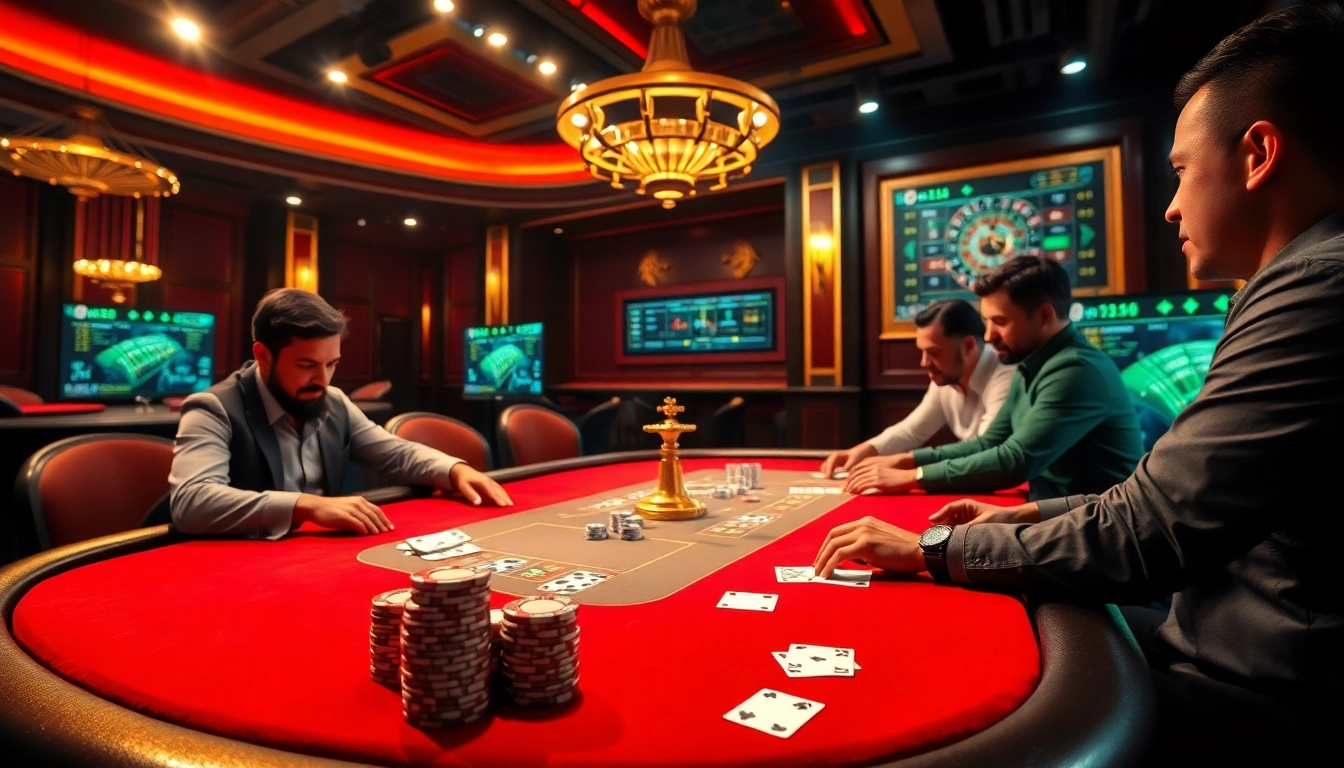 Gamblers at a poker table celebrating a win on ok8386s.com with vibrant casino elements.