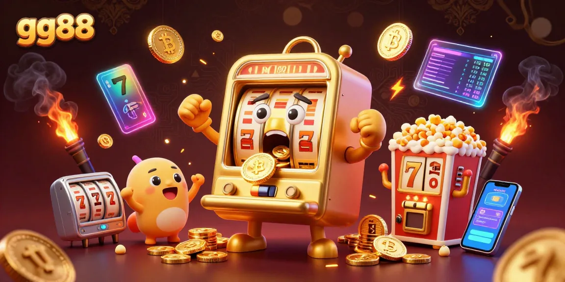 Play and win with gg88 in an exciting casino scene featuring a golden slot machine hitting a jackpot amidst vibrant elements.