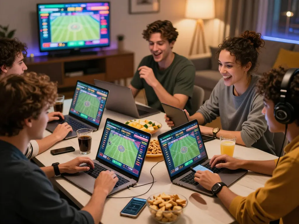 Friends discussing sports betting strategies at fb88 com in a lively and colorful online gambling environment.