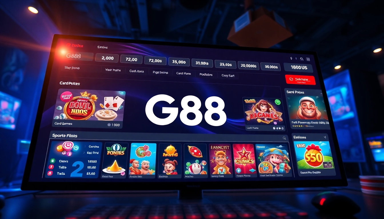 G88 online gaming platform showcasing card games, slots, and betting options in a vibrant interface.