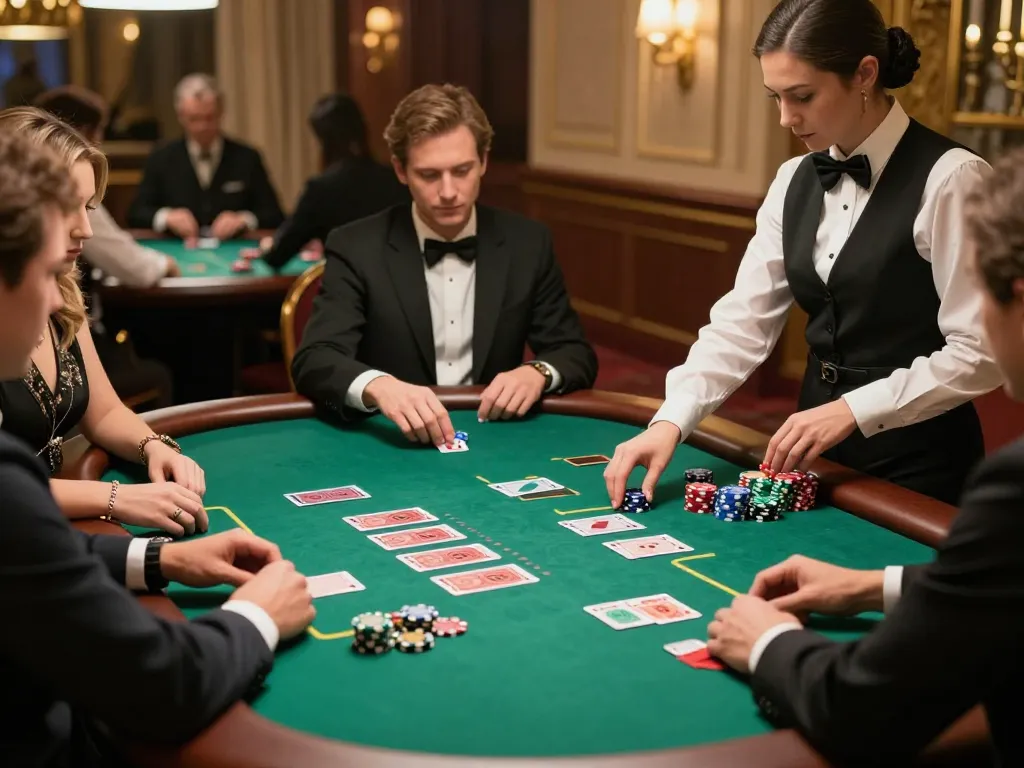 Players strategizing at a high-stakes blackjack table at 13WIN casino, showcasing an elegant gaming atmosphere.