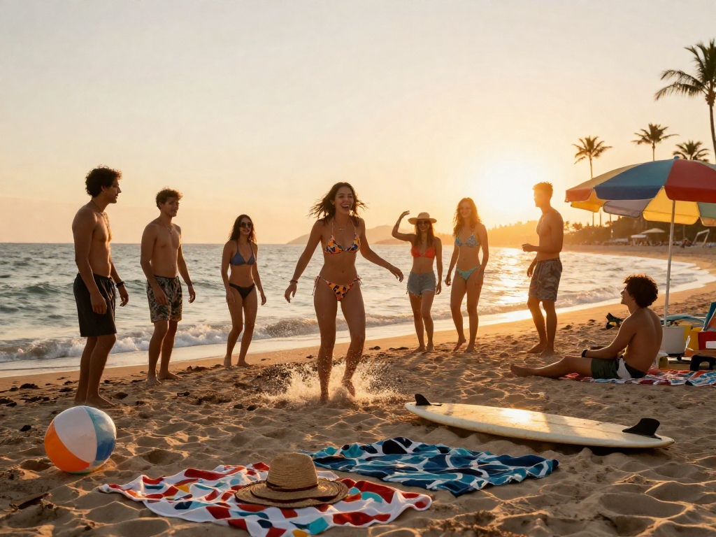 Group of friends at the beach showcasing BIKINISLOT swimwear style, vibrant summer fun.