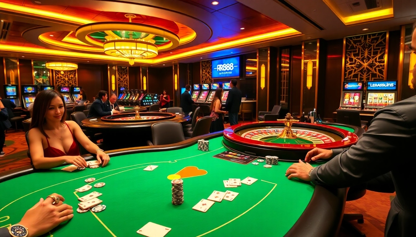 Experience the exhilarating atmosphere at RR88 with vibrant casino tables and engaging gameplay.