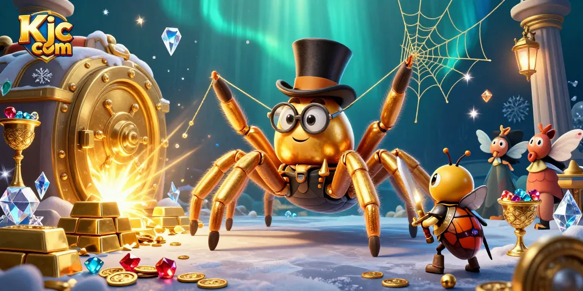 Kjc com showcases a vibrant online casino scene with 3D characters amidst gold treasures and gaming elements.