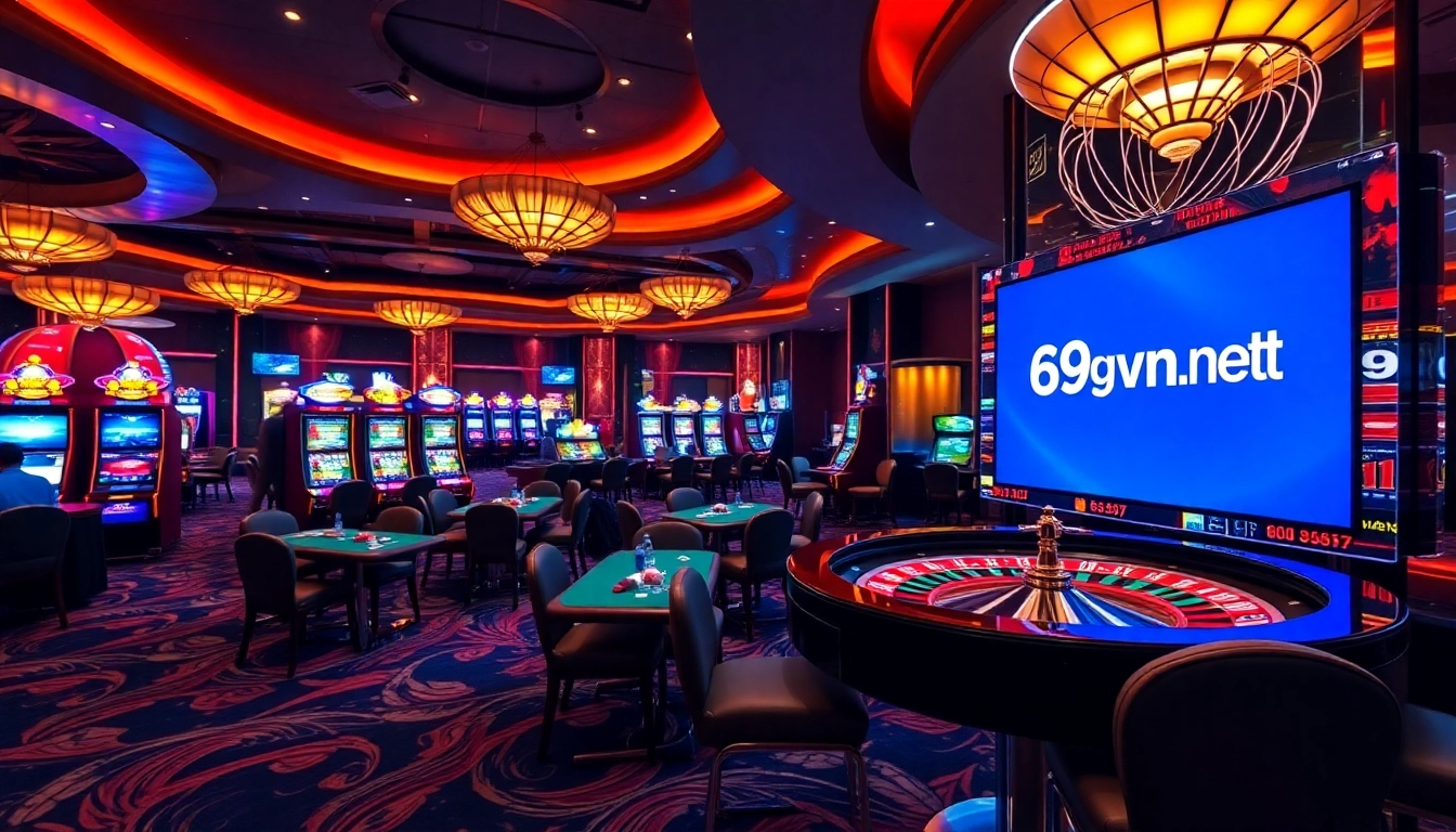 Engaging in exciting games at 69vn.gb.net casino with vibrant slot machines and poker tables.