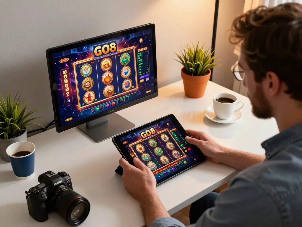 Engaged player using the GO8 casino app on a tablet in a stylish home office setting.