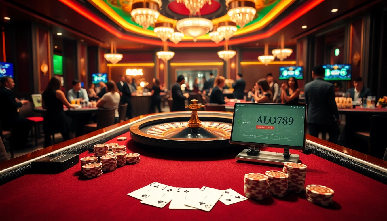 Engage with thrilling games at ALO789, featuring poker tables, roulette wheels, and vibrant casino ambiance.