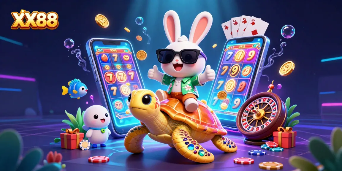Experience the fun at XX88 with a lucky rabbit and golden turtle amidst vibrant casino elements.