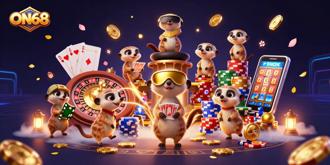 Join the fun at ON68's exciting casino scene with meerkats managing games and winning bets.