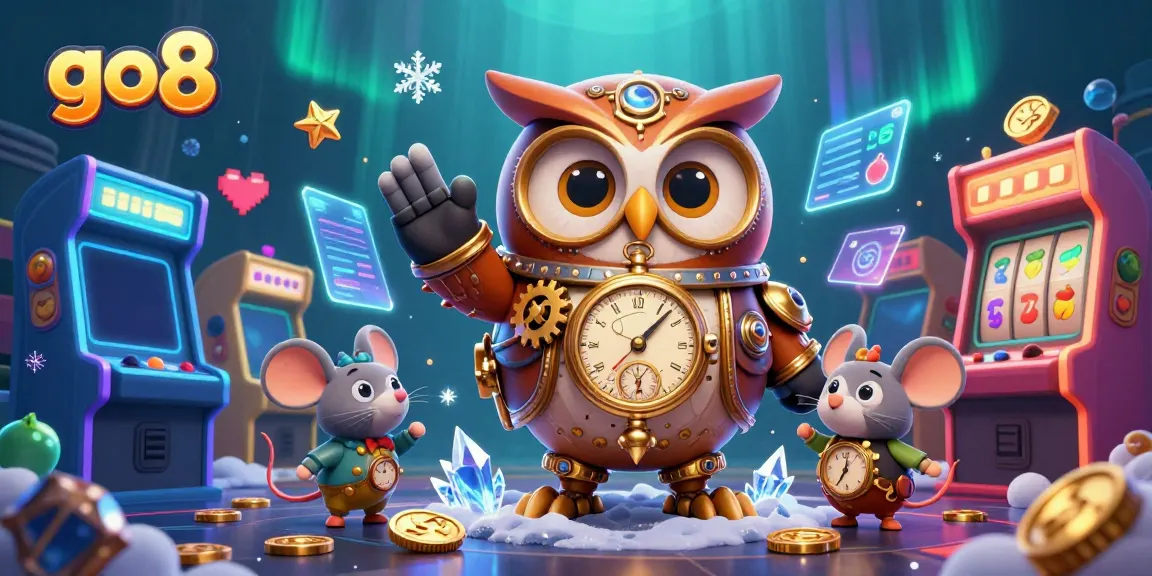 Experience the excitement of go8 with a lively casino illustration featuring a steampunk owl amidst vibrant gaming elements.