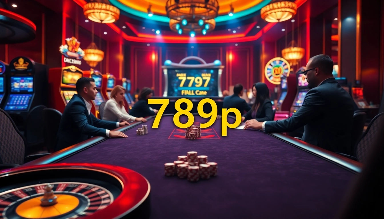 Experience the thrill of 789p gambling with luxurious poker and slot machines in a vibrant casino scene.