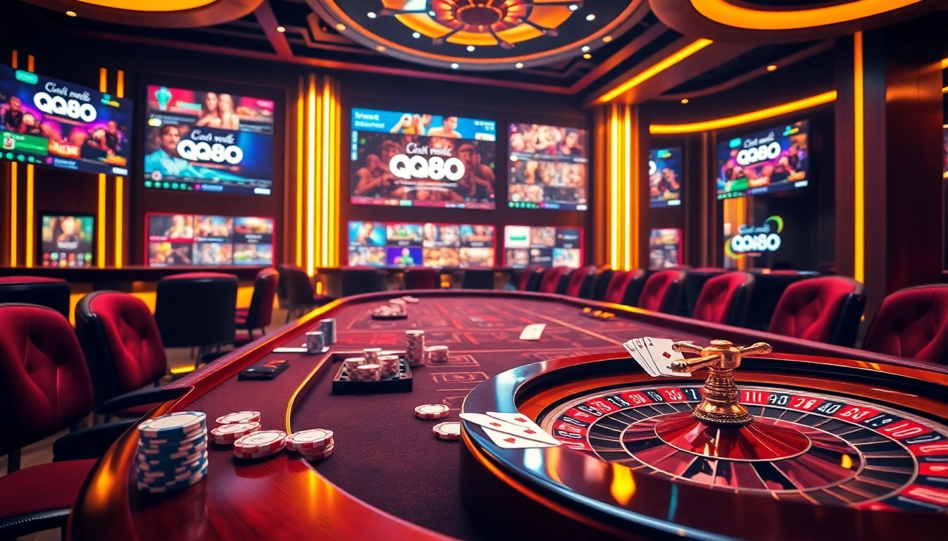 Experience thrilling gambling at QQ88 with a vibrant casino table, poker chips, and roulette wheel.