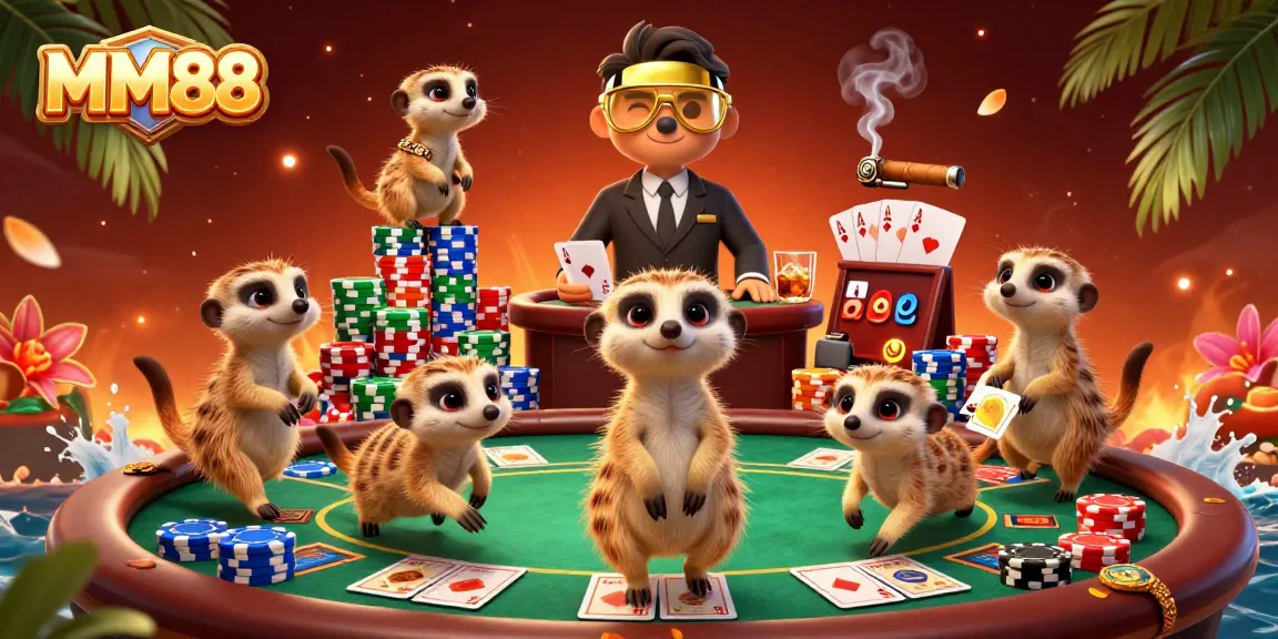 Participate in exciting games at MM88 while meerkats manage a vibrant casino.