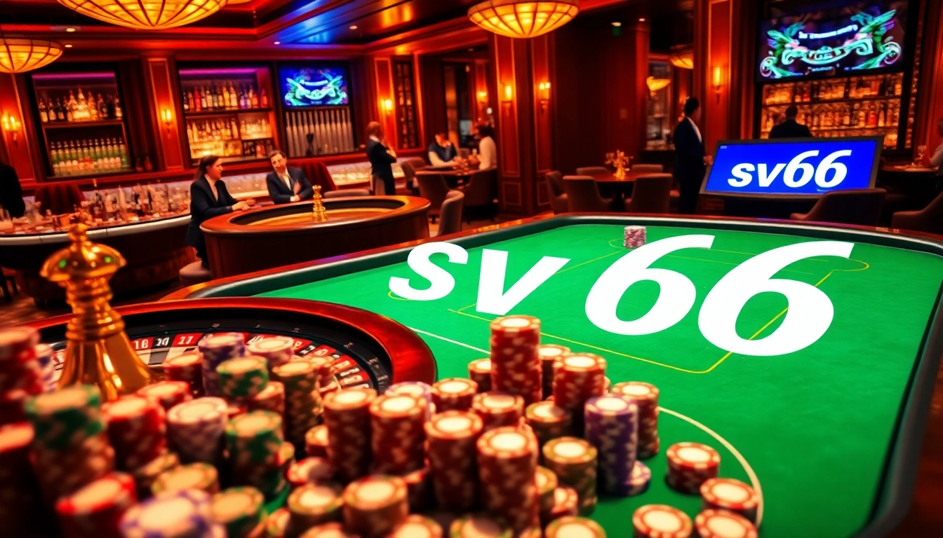 Experience high-stakes gaming at SV66 with a vibrant poker scene showcasing colorful chips and a roulette wheel.