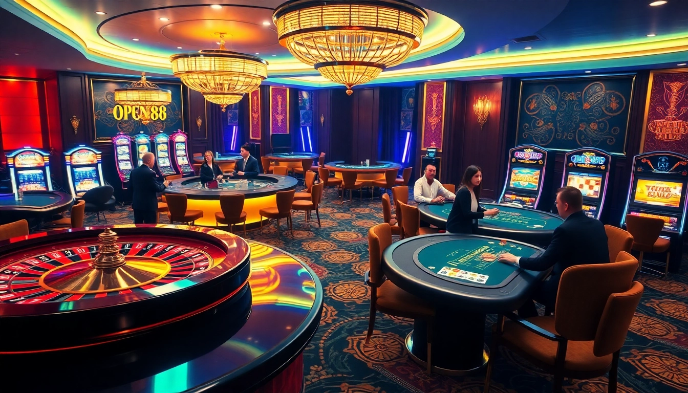 Exciting gaming scene at OPEN88 casino featuring a roulette wheel and poker game.