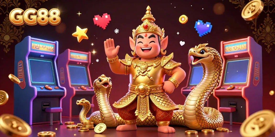 Experience GG88 excitement with a vibrant 3D illustration of a Thai temple guardian amidst colorful arcade game elements in a luxurious casino.