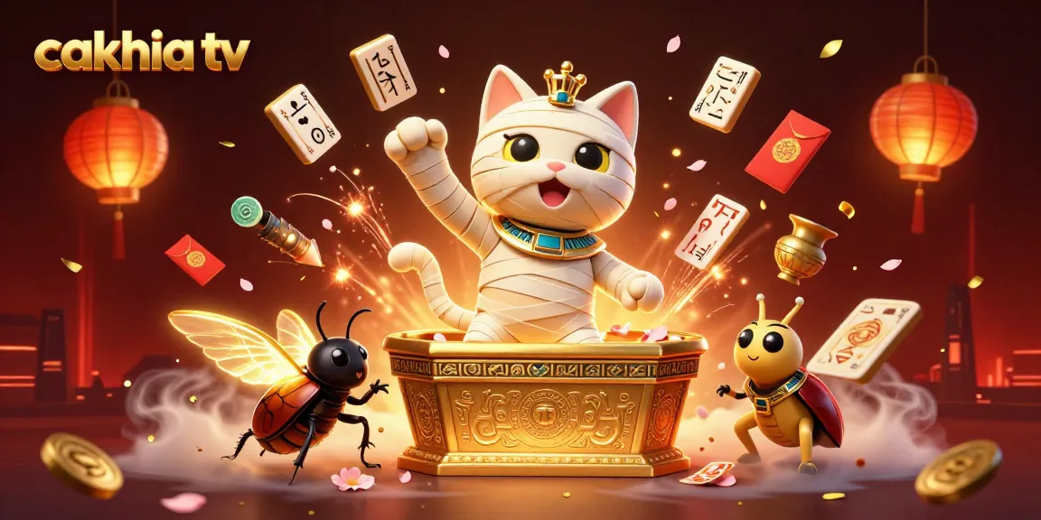 Experience the excitement of cakhia tv with a vibrant 3D casino scene featuring a mummy cat and scarab.