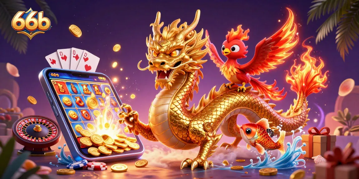 Engage with 66b's exciting gaming scene featuring a dragon and phoenix amidst casino elements.