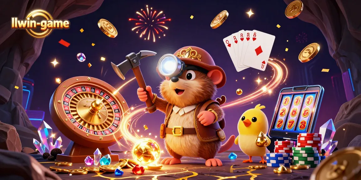 Experience thrilling gaming at llwin-game with vibrant 3D treasure hunter scene and casino elements.