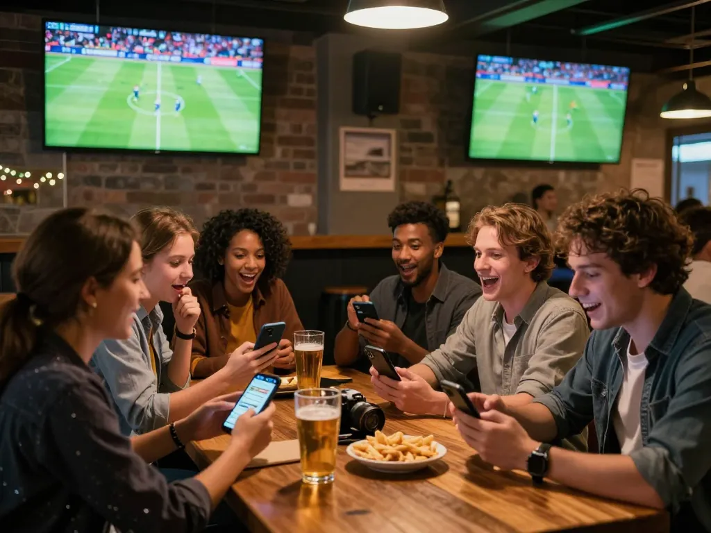 Watching trực tiếp bóng đá Việt Nam in a lively sports bar atmosphere filled with excitement and camaraderie.