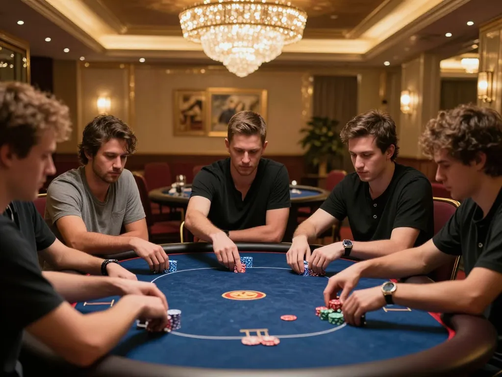 Rikvip players strategizing during an intense poker game at a luxurious casino table.