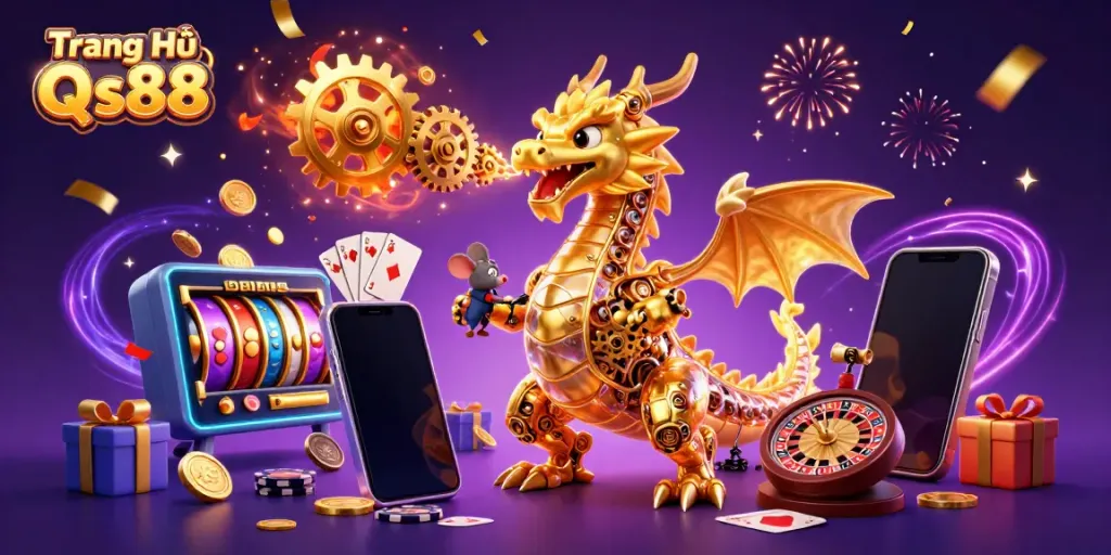 Experience the excitement of Trang Chủ Qs88 with a vibrant 3D dragon and casino-themed elements.