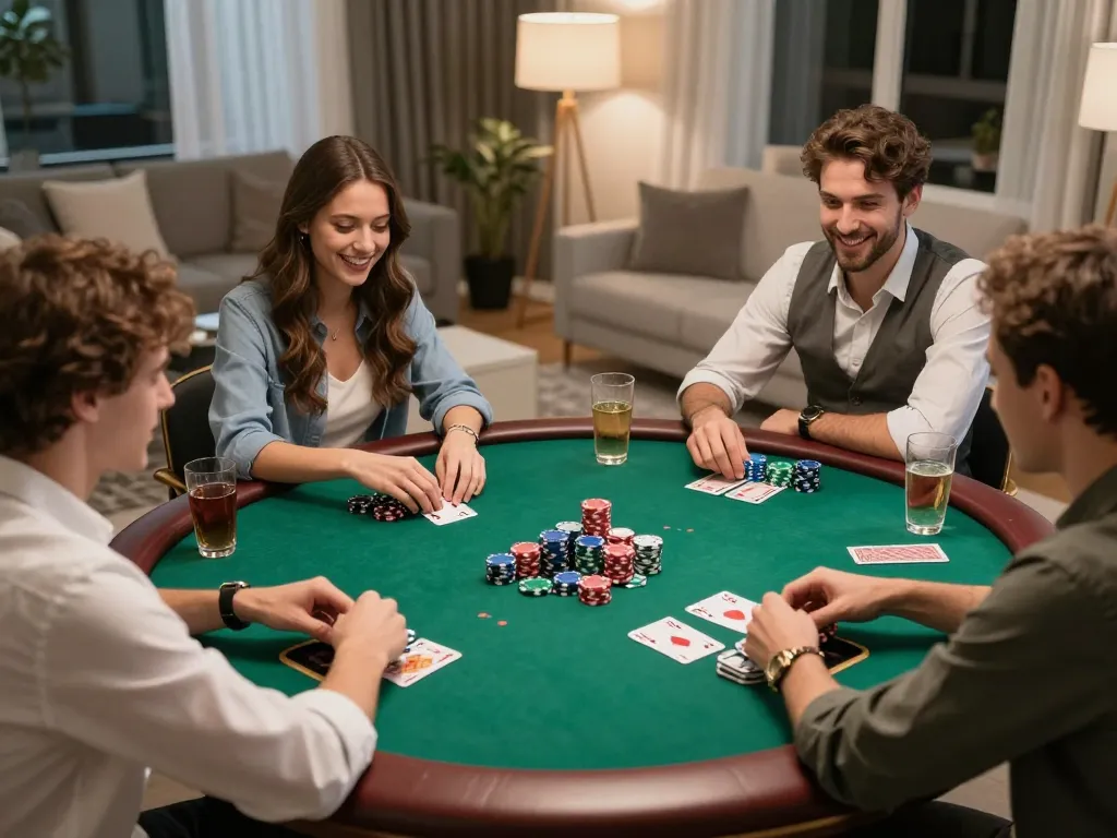 Enjoying poker night with friends using five88 strategies in a cozy home setting.