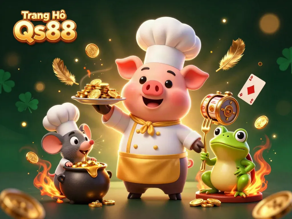 Engage in gaming excitement with Trang Chủ Qs88 showcasing a pig chef, mouse sous-chef, and a frog critic in a vibrant casino setting.