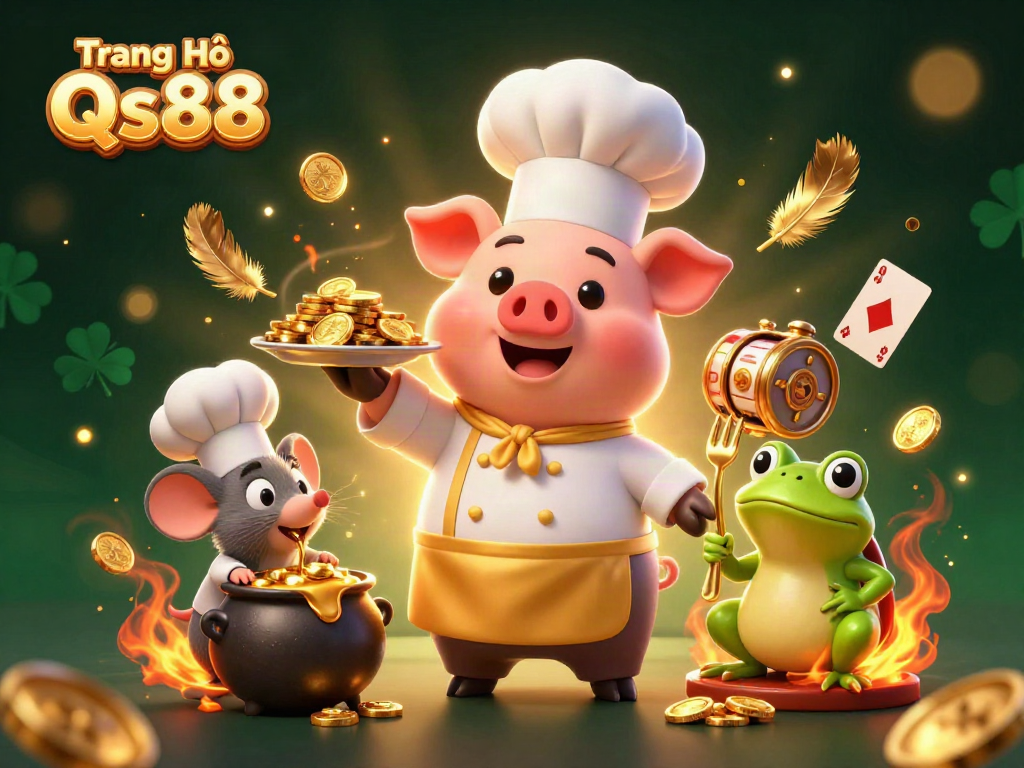 Engage in gaming excitement with Trang Chủ Qs88 showcasing a pig chef, mouse sous-chef, and a frog critic in a vibrant casino setting.