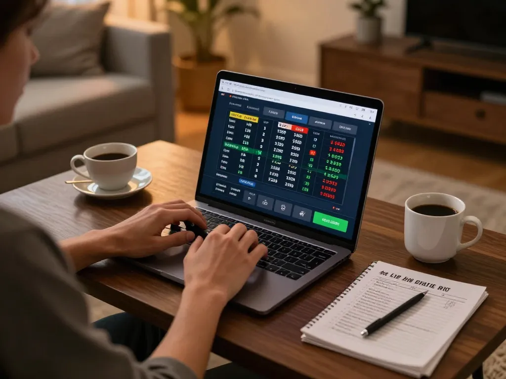 Engaging in live sports betting with tỷ lệ kèo nhà cái displayed on laptop, showcasing a cozy home setup