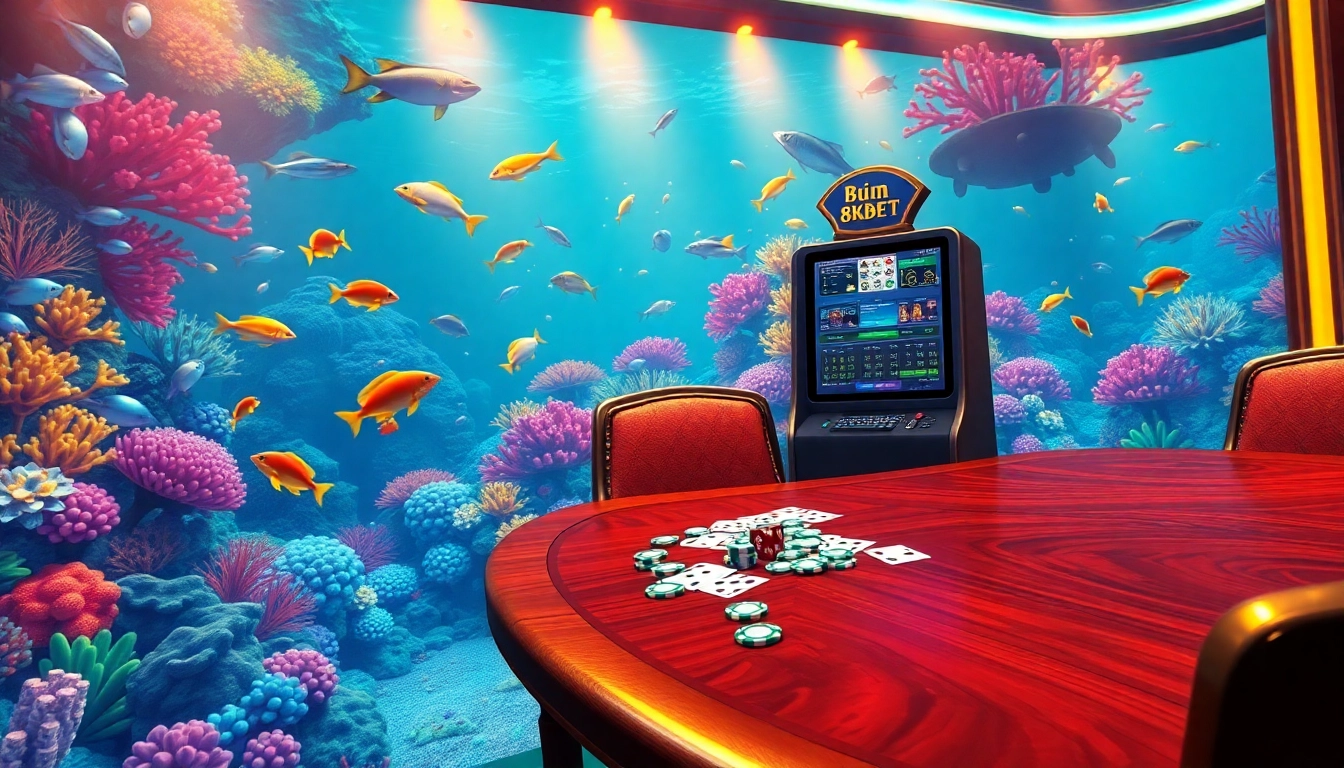 Bắn cá 8KBET game interface surrounded by vibrant underwater elements and casino props