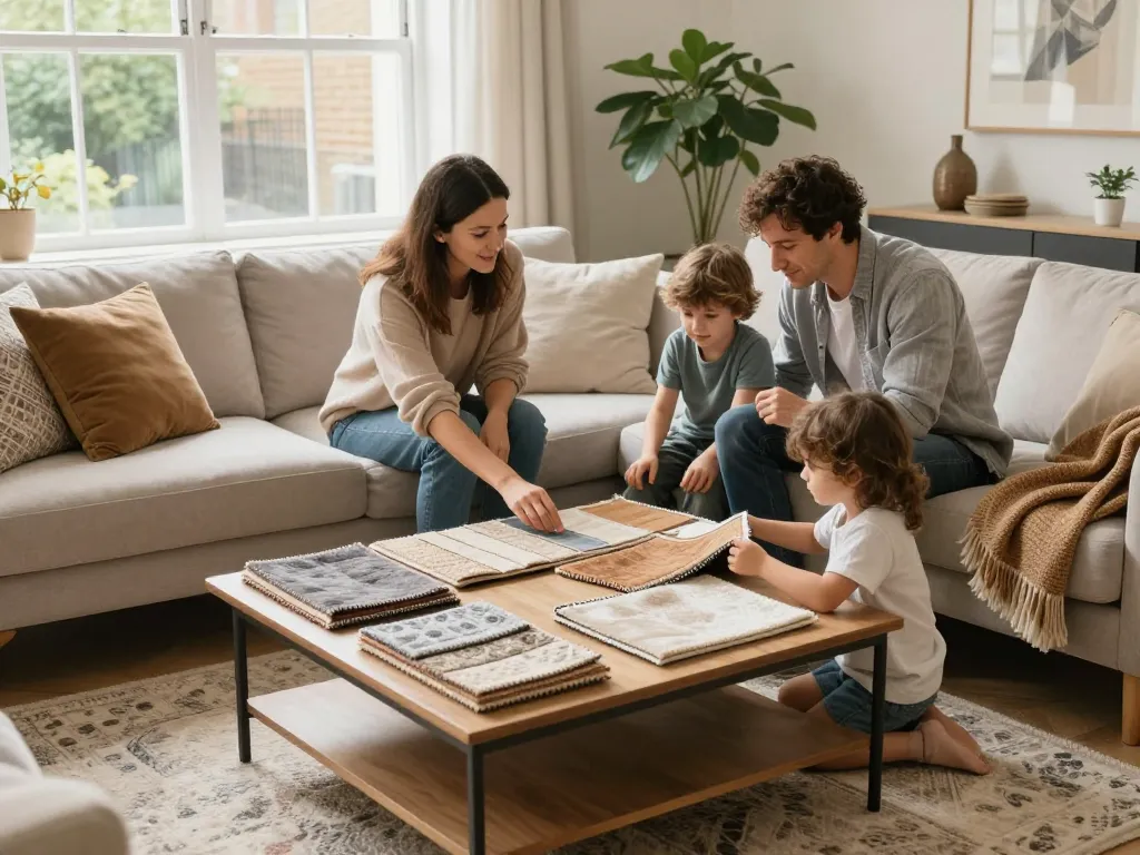 Family selecting affordable carpets London in a cozy living room scene with colorful samples.