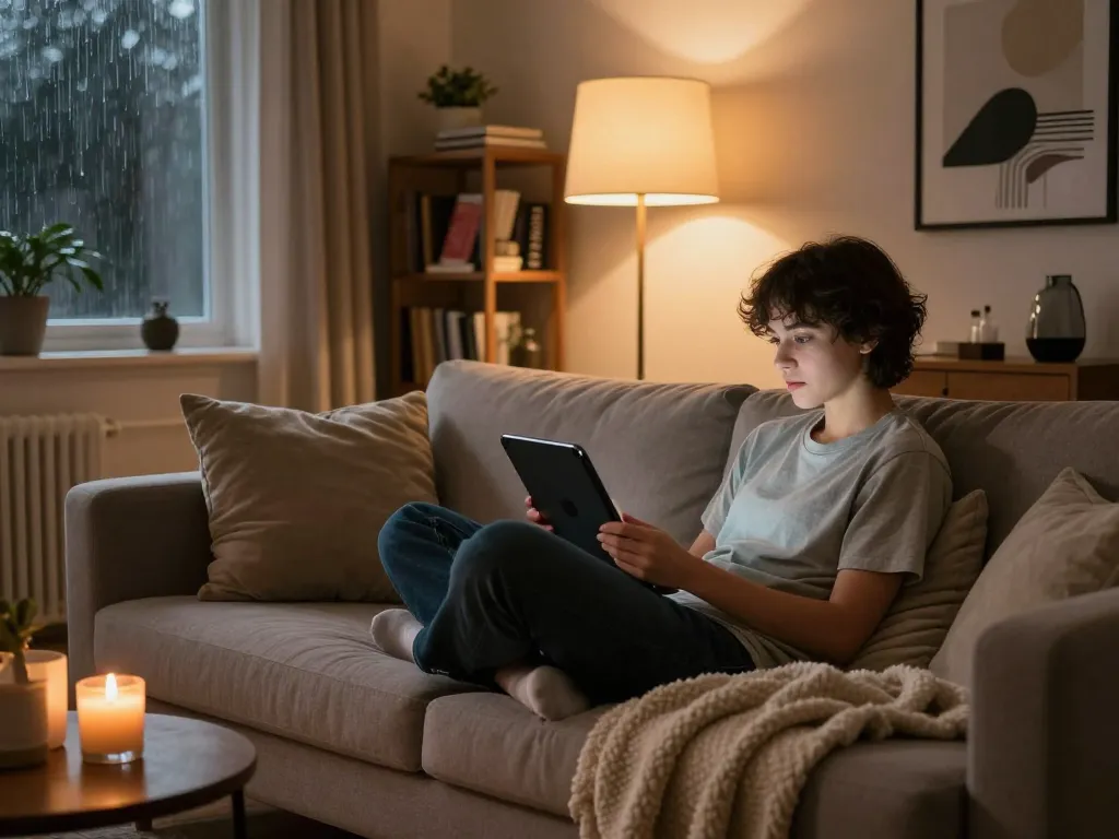 Engaging in ai sex chat comfortably at home in a cozy living room.