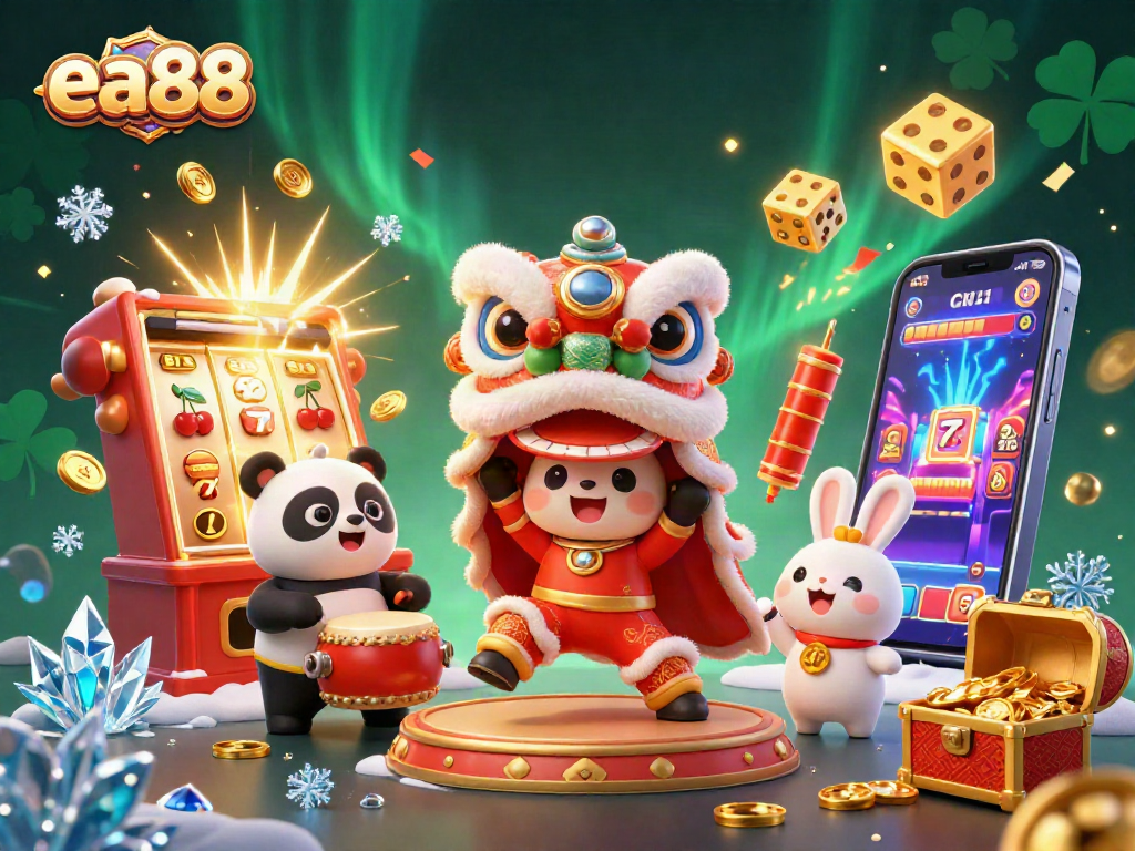 Experience thrilling slots and games at ea88 with a lively scene of characters and casino excitement.