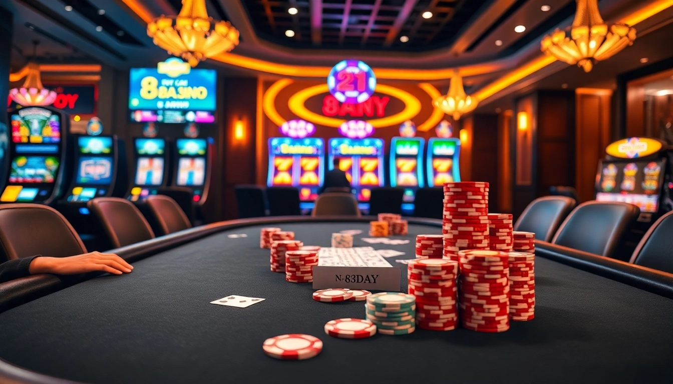 Players enjoying a thrilling game at Nhà cái 8DAY casino, surrounded by vibrant slots and poker chips.