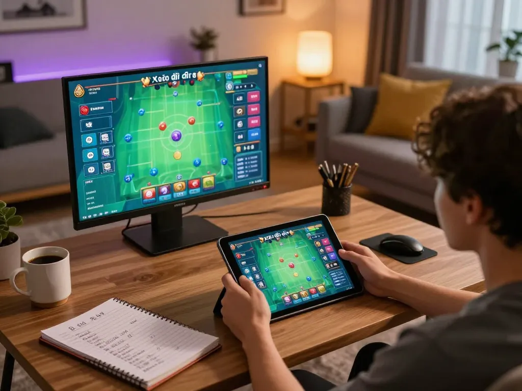 xóc đĩa online gameplay displayed on a tablet in a cozy home setting with notebook nearby.